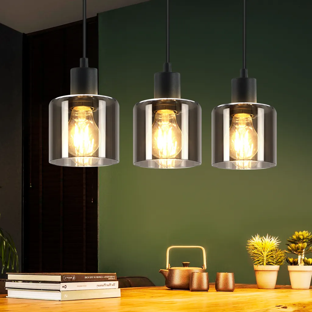 Suspension Industrielle Vintage 3 Lampes Verre pour Salon Noir