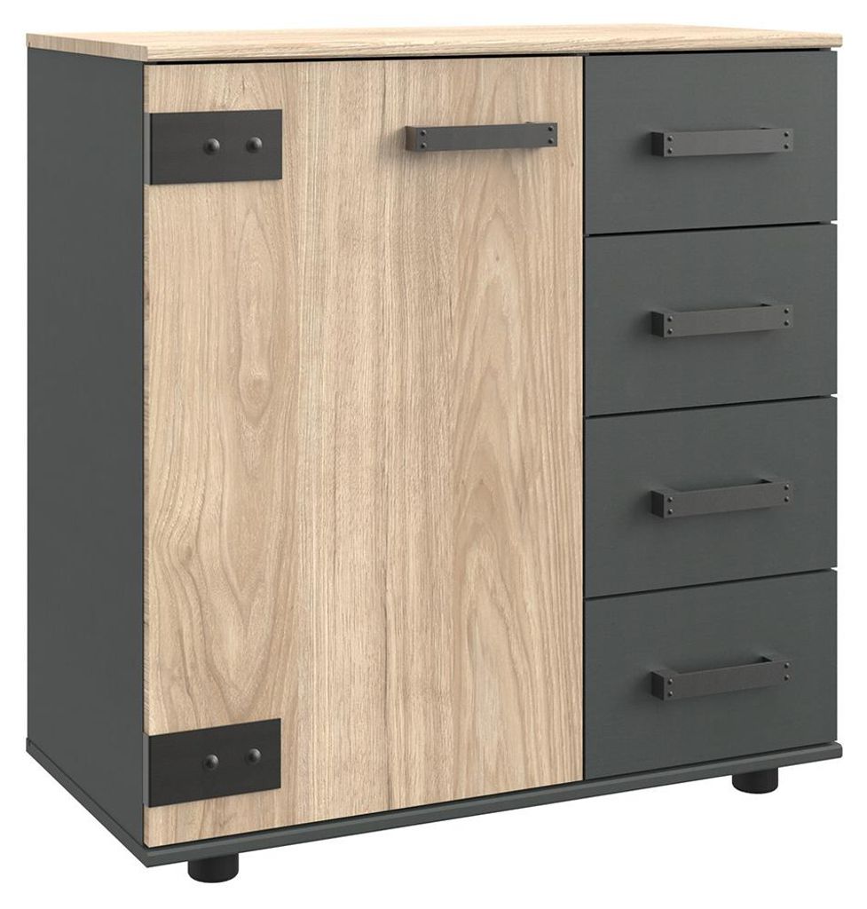 Schlafzimmer Kommode mit 81 cm Breite in Holzdekor mit graphit, 1 Tür & 4 Schubladen - MONTELLA-43