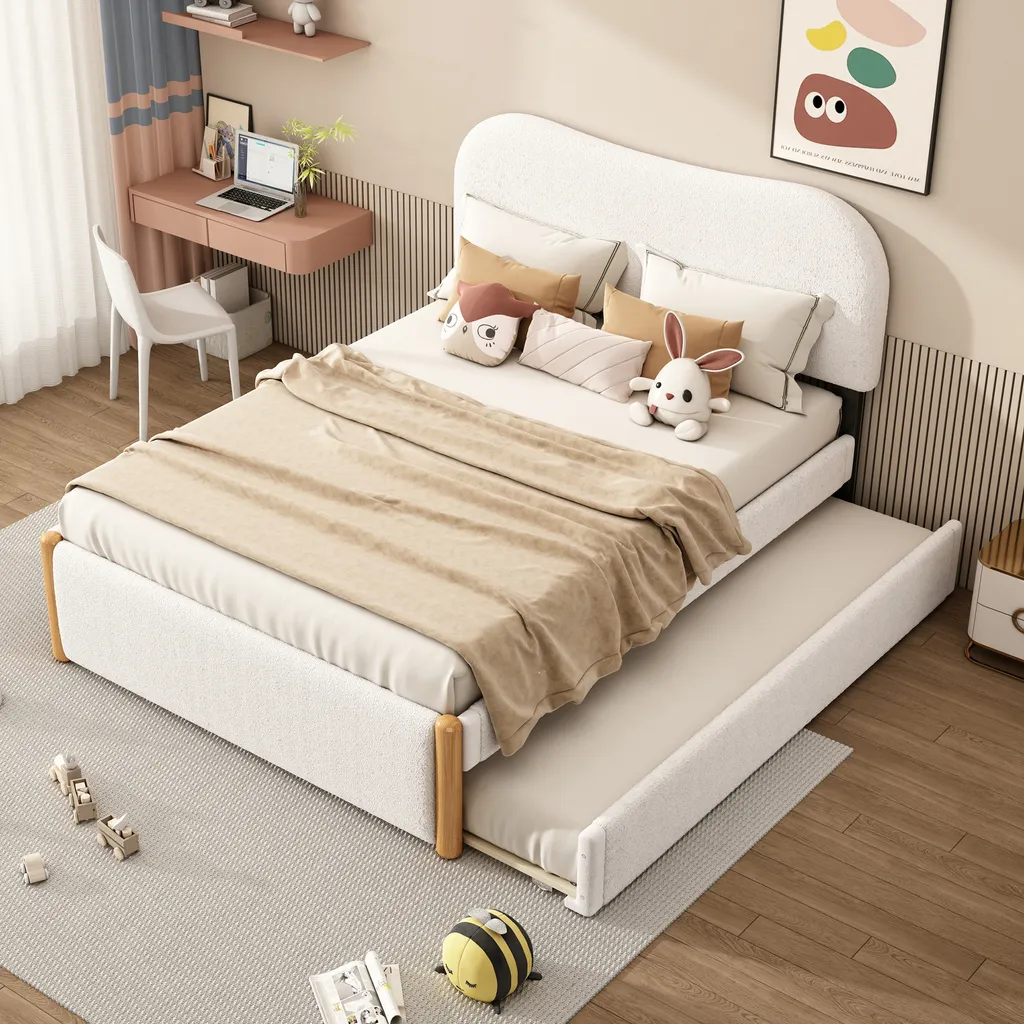 Lit gigogne rembourré 140x200 cm en peluche blanche, confort premium