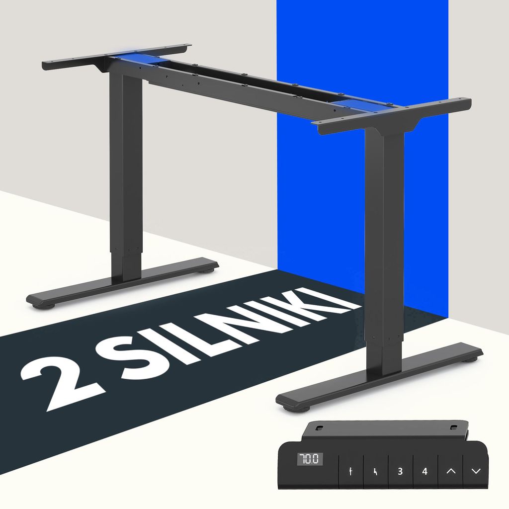 A black standing desk frame with a control panel shown in the foreground, set against a white and blue background.