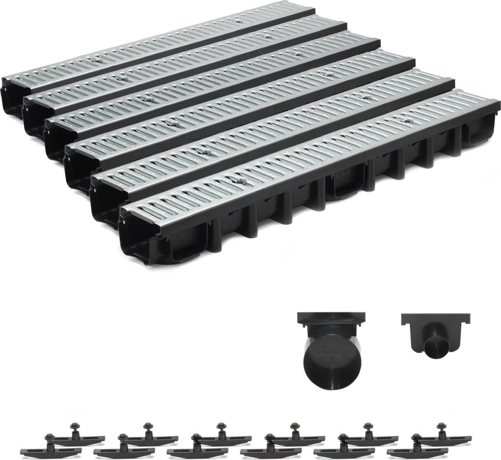 6m Entwässerungsrinne Terrassenrinne Stahlrost verzinkt komplett SET, System A15 98mm