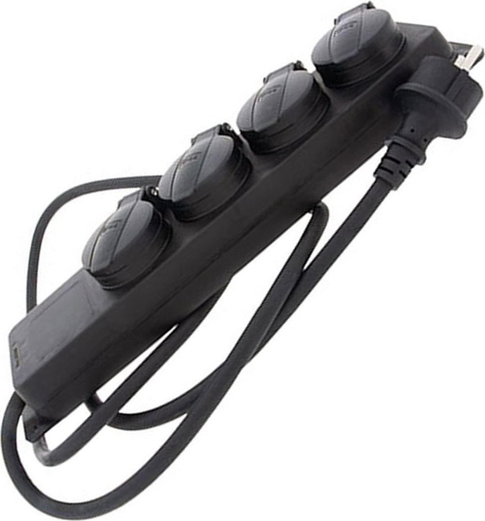 Steckdosenleiste 4-fach Outdoor mit Klappe Farbe schwarz IP44 Querschnitt 1,5mm² 4x für Schukostecker