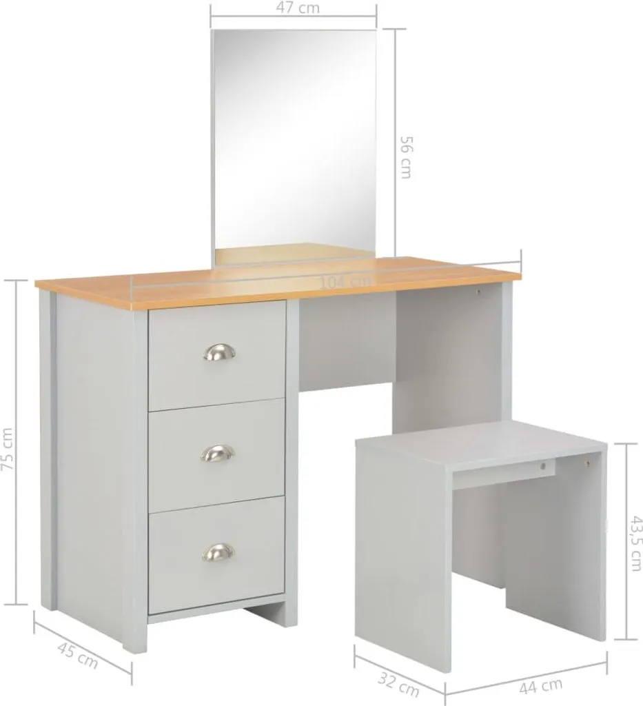 Table de Maquillage Grise avec Miroir et Tabouret Coiffeuse Moderne 104cm