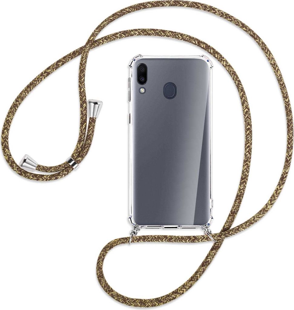 Handykette Backcover-Schutzhülle mit Band (Metall silberfarben) für Samsung Galaxy M20 - braun+beige