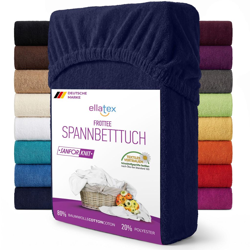 EllaTex Frottee Spannbettlaken 140x200 – 160x200 Baumwolle – weich, warm & elastisch, Spannbetttuch, in Farbe: Dunkelblau