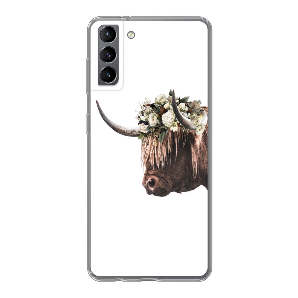 MuchoWow Handyhülle Schutzhülle Hülle für Samsung Galaxy S21 Plus Schottischer Highlander - Kuh - Rosen Silikon Softcase Handy Hülle - Handy...