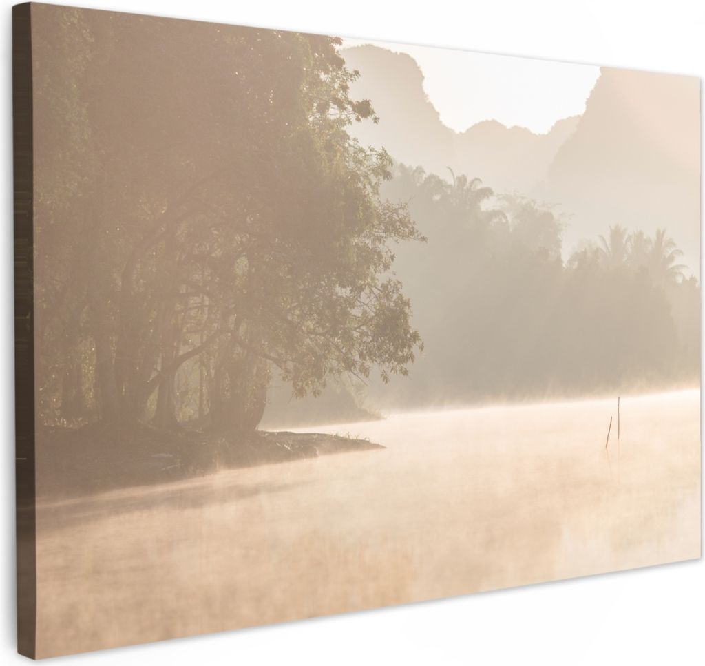 MuchoWow - Leinwandbilder - Landschaft - Wald - Wasser - Nebel - Beige, Wandbild, Wanddeko Bilder Wohnzimmer, 30x20 cm