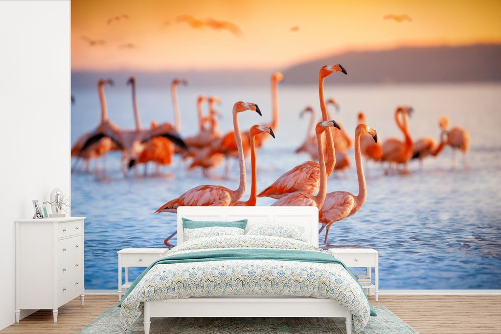 MuchoWow Fototapete für Wohnzimmer oder Schlafzimmer Wandtapete Vinyl Motivtapete Flamingo - Tiere - Wasser - Rosa - 390x260 cm - Papiertapete