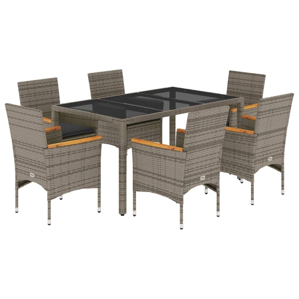 vidaXL 7-tlg. Garten-Essgruppe mit Kissen Grau Poly Rattan und Glas