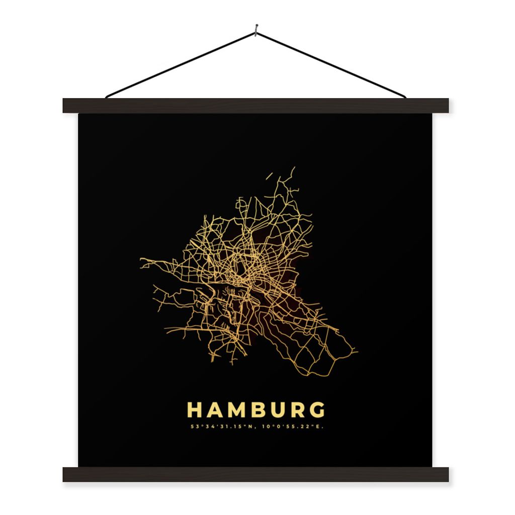 MuchoWow Textilposter Hamburg - Karte - Gold - Stadtplan 90x90 cm mit schwarzem Rahmen - Magnetisches