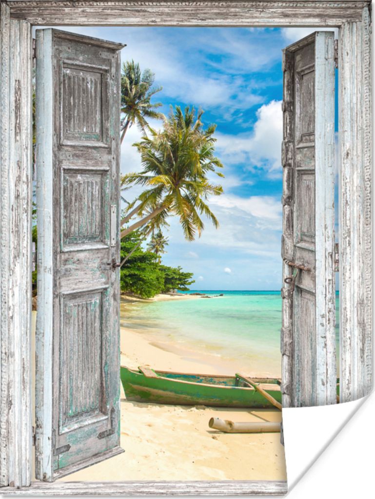 MuchoWow Poster Kanu - Strand - Palme - Aussicht 60x80 cm - Schlafzimmer Dekoration