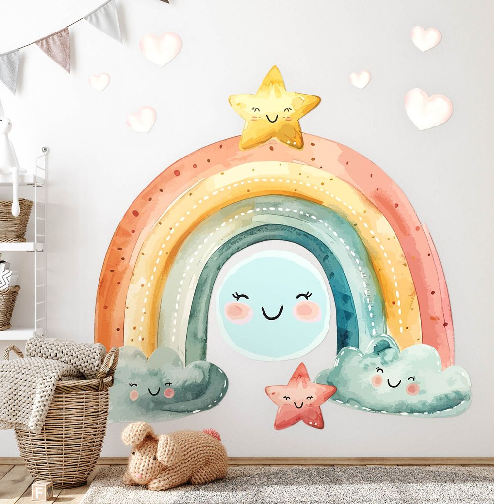 Regenbogen und Sterne – Wandgestaltung – Wandbilder Kinder – Motivtapeten Set – Wanddekor Kinderzimmer – Selbstklebende Wandsticker – 8...
