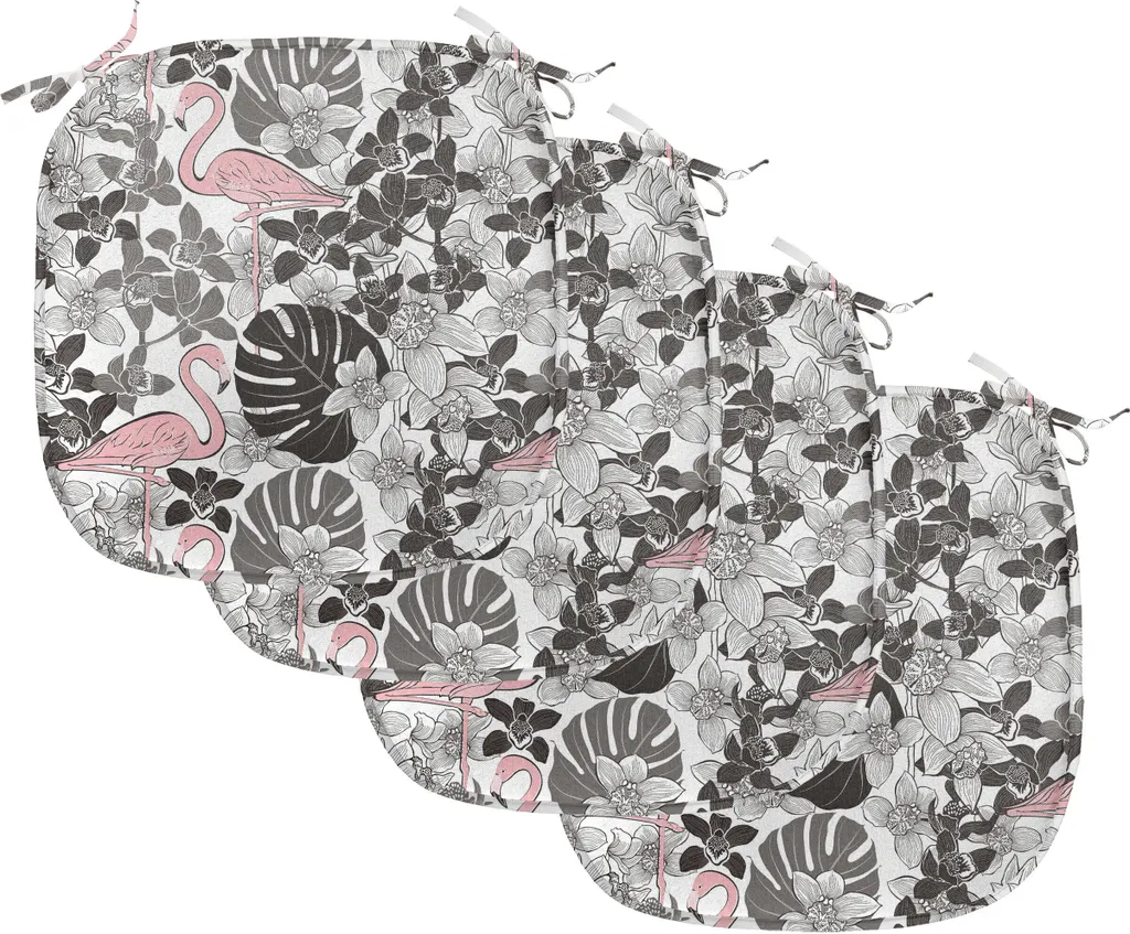 ABAKUHAUS Flamingo Imbottitura per sedie da sala da pranzo, Orchid Palm, Cuscino decorativo impermeabile con cinturini per sedie da cucina, 40 cm x 40 cm - confezione da 4, Coral Nero Grigio
