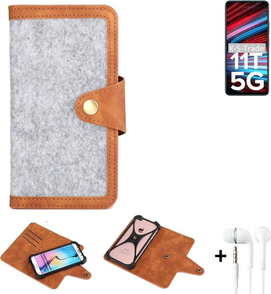 K-S-Trade Handyhülle + Kopfhörer kompatibel mit Xiaomi Redmi Note 11T 5G Schutzhülle Filz Hülle Kunstleder hellgrau braun (1x)