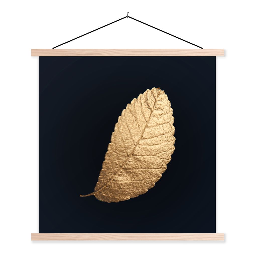 MuchoWow Textilposter Gold - Blätter - Schwarz - Pflanzen - Luxus - Natur 120x120 cm mit holzfarbenen Rahmen - Textil-Poster