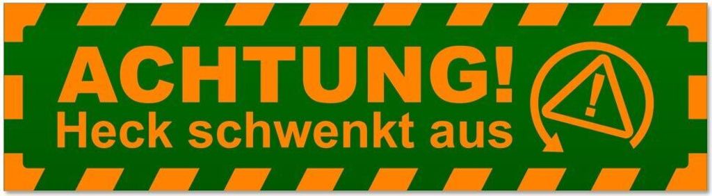 Kiwistar - Autoaufkleber - Orange - Grün - 45 x 12 cm - Achtung Heck schwenkt gestreift - Hinweis Aufkleber Sticker für Auto, Kfz, Fahrrad, PKW, LKW