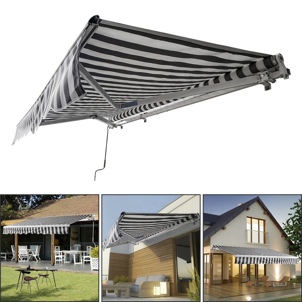 Hengda Gelenkarmmarkise PA Beschichtet UV-Schutz mit Handkurbel Markise Sonnenschutz Alu+Polyester für Terasse/Dach Grau&Weiß 350x300cm