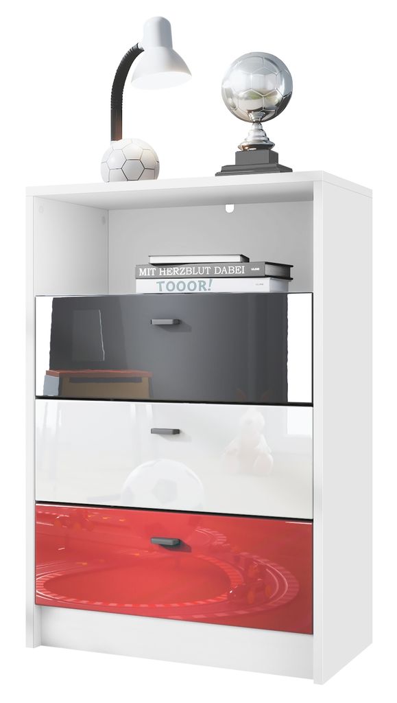 Vladon Kommode Pino V2 Fußball Bundesliga Fanartikel z. B. Freiburg, Germany, Kinderzimmer Anrichte in Weiß matt mit 3 Schubladen in Rot, Schwar...