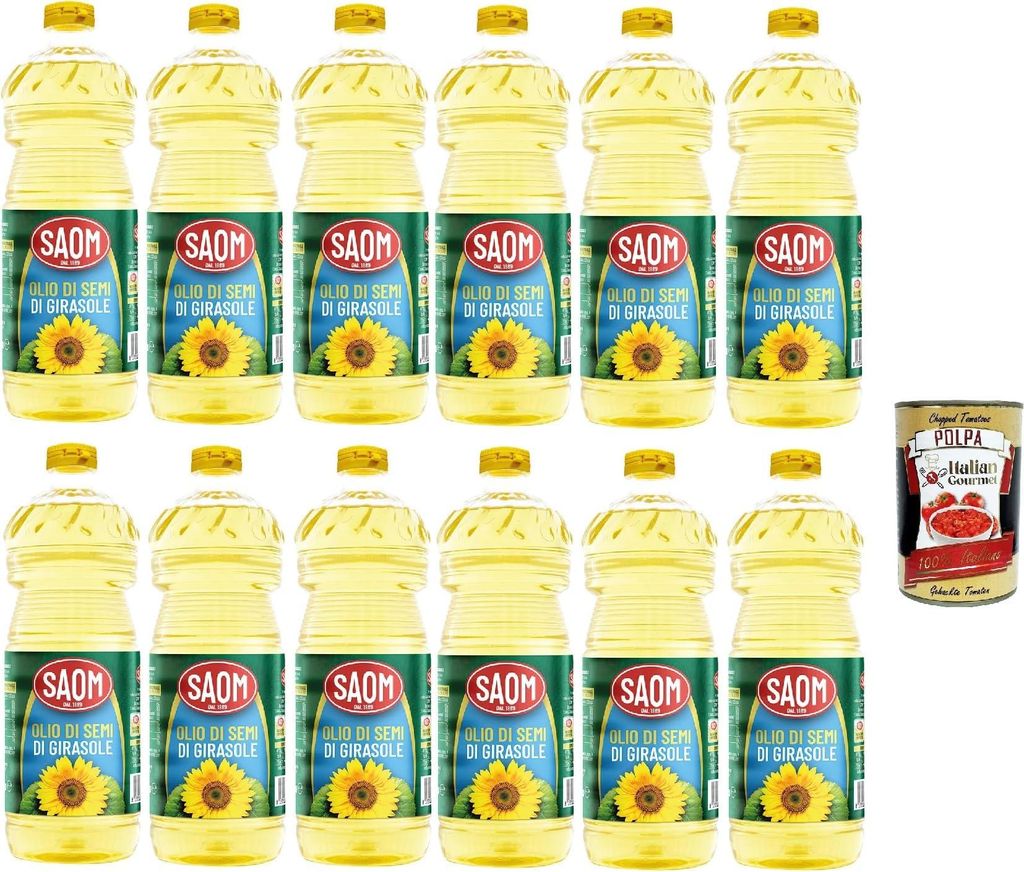 Saom Olio di Semi di Girasole Sonnenblumenöl Speiseöl Frittieröl 100% Italienisches Öl dose 12x 1Lt + Italian Gourmet polpa 400g