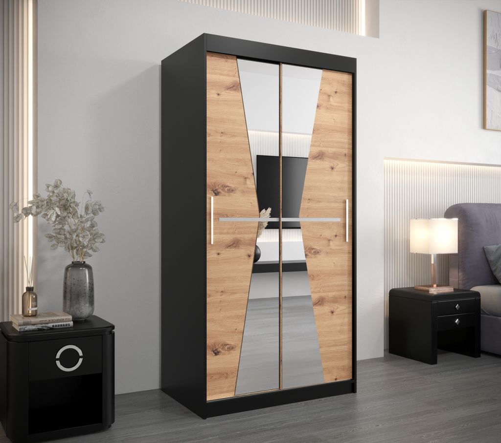Kleiderschrank mit Spiegeln MILANA – Breite 100 cm, schwarz / Eiche artisan