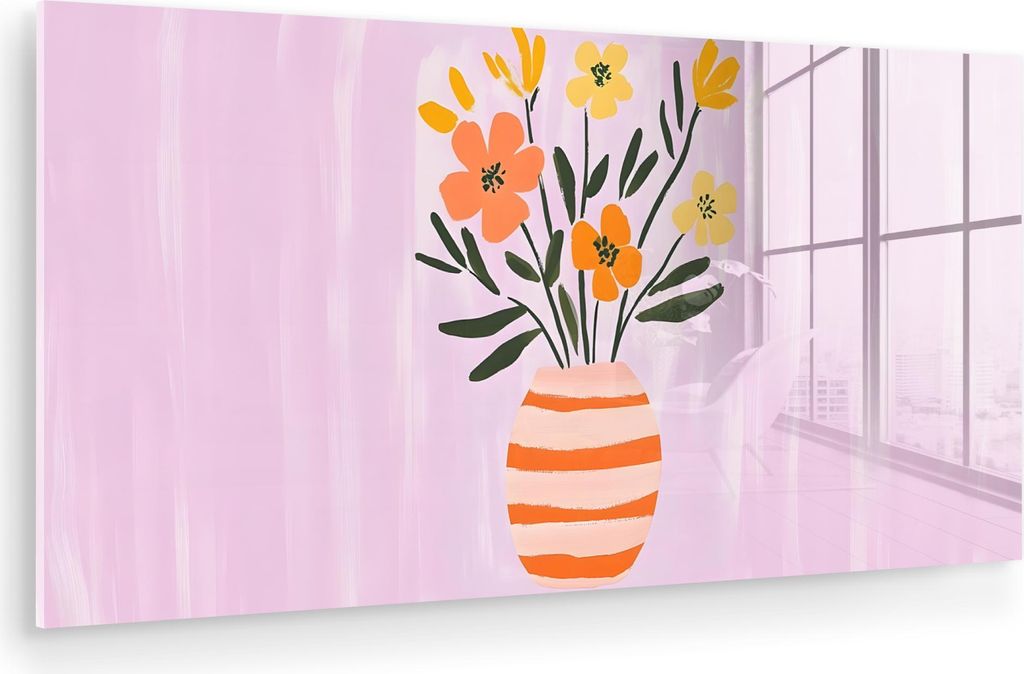 MuchoWow Glasbilder - Bilder auf Wandbild - Foto auf Glas Vase - Gestreift - Blumen - Orange 40x20 cm Wanddekoration aus Glas - Acrylglasbild - Acr...
