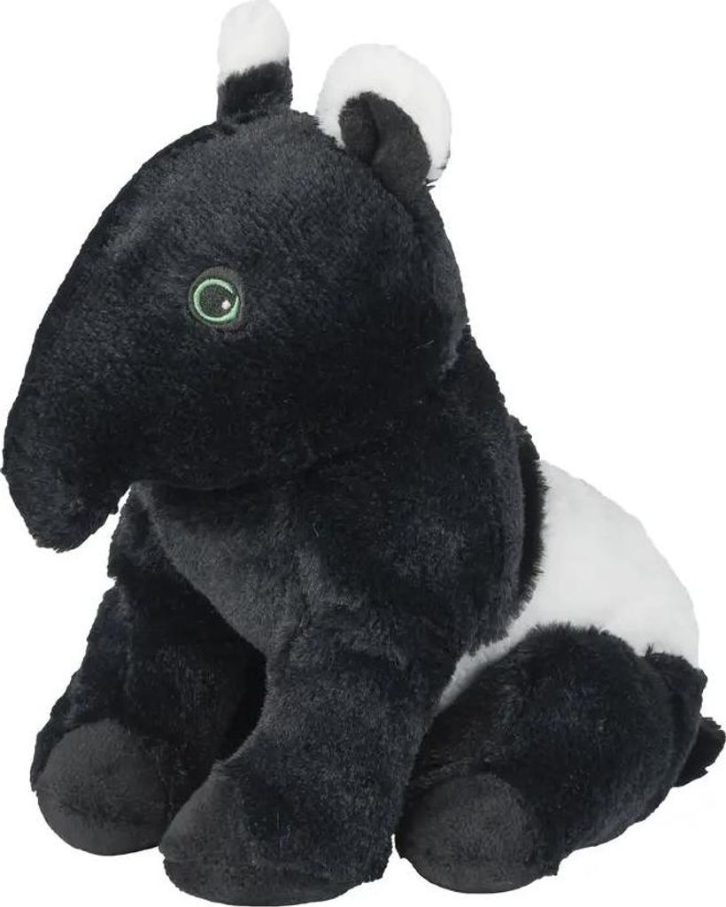 A plush toy tapir sitting on a white background.