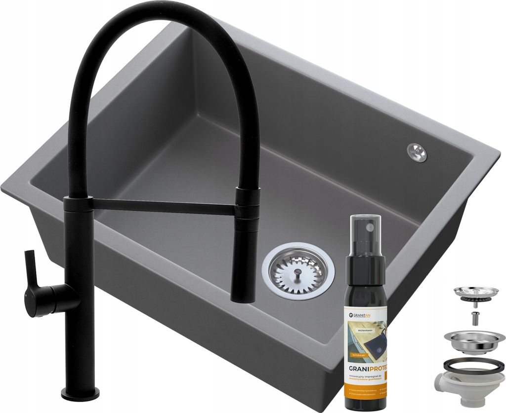 Granitan | Granitspüle Salix mit Wasserhahn - Schwarz - Einbau, einseitig, langlebig, pflegeleicht