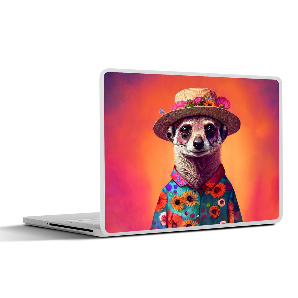 MuchoWow Laptop Aufkleber Sticker Cover Erdmännchen - Blumen - Hut - Tiere - Porträt - Erdmännchen 25x18 cm - Laptop-Deko