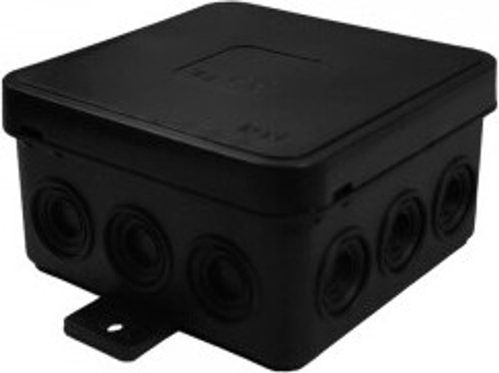A black electrical junction box with multiple entry points.