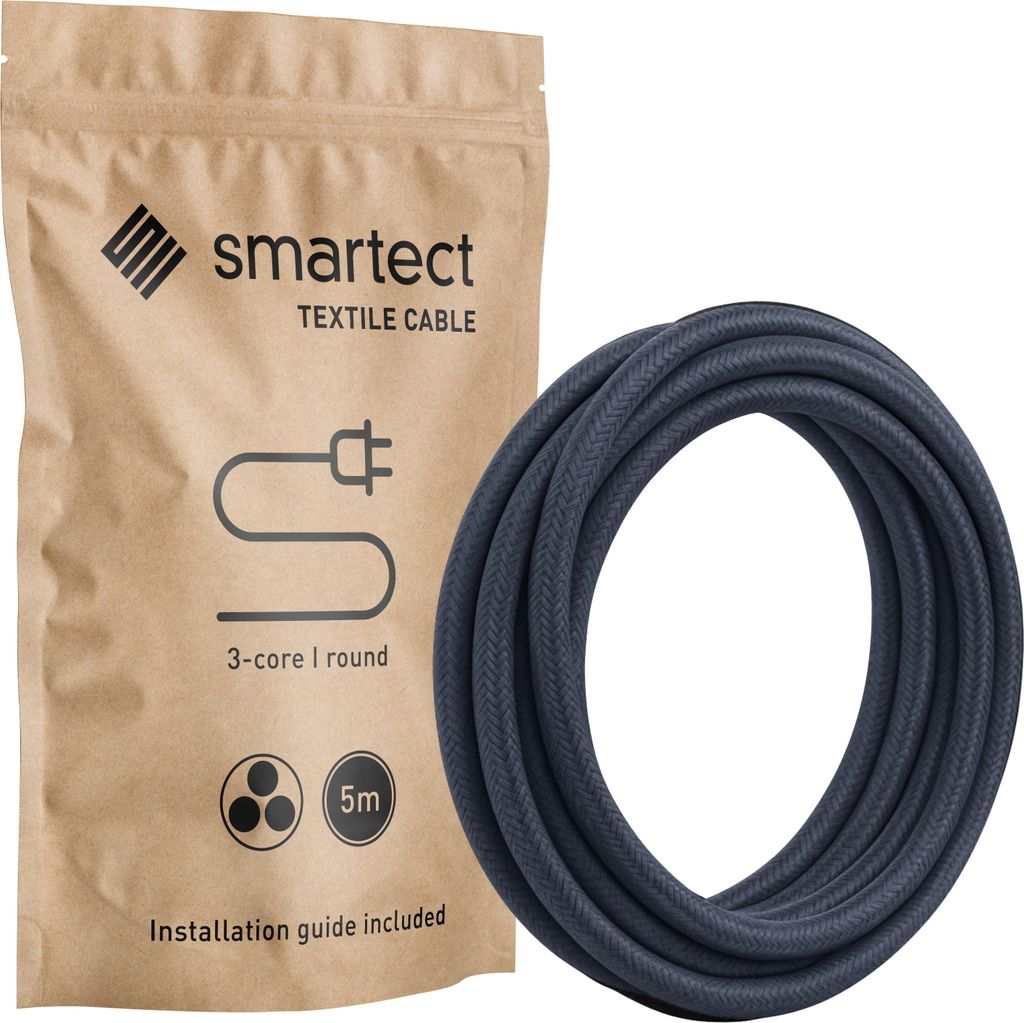 Textilkabel 5 m Anthrazit 3 adrig rund Lampenkabel Stoffkabel Stromkabel Elektro