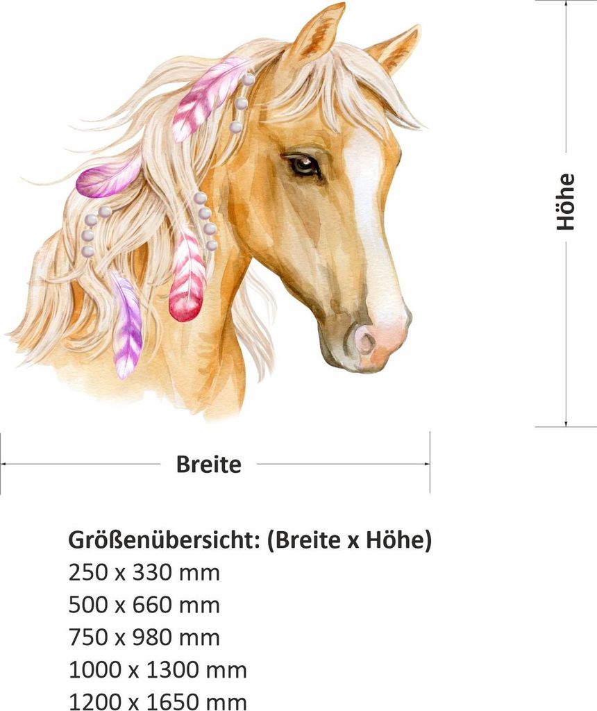 236 Wandtattoo Pferd Kopf mit Federn - Größe 1200 x 1650 mm
