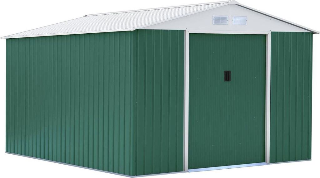 A green metal garden shed with a white roof and white trim around the door.