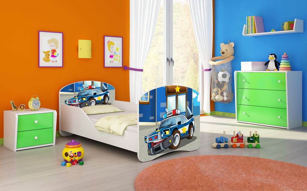 ACMA I Jugendbett Kinderbett Junior-Bett Komplett-Set mit Matratze Lattenrost Weiß 38 Polizei 160x80