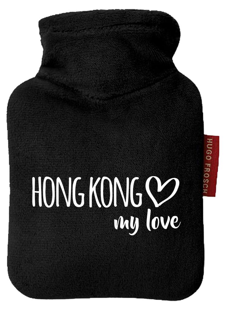 Huuraa Mini-Wärmflasche Hong Kong my love 0,2 Liter Black Mini Veloursbezug Taschenwärmer Geschenkidee
