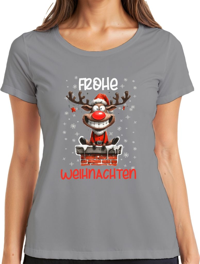 Frohe Weihnachten lustiger Elch Reh Rentier - Weihnachten Xmas Christmas Damen T-Shirt, Grau, XL
