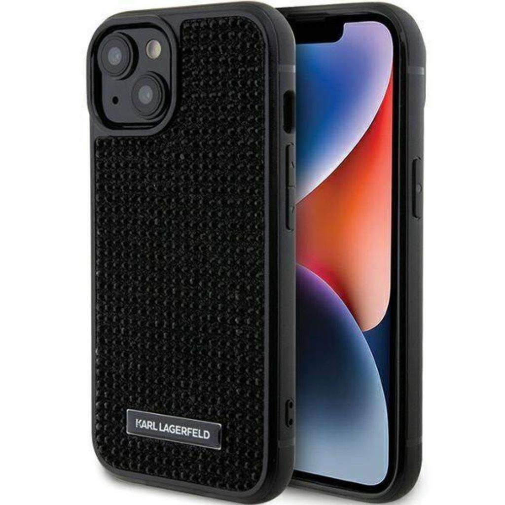 Karl Lagerfeld Rhinestone Plate Metal Logo Case für iPhone 15 schwarz