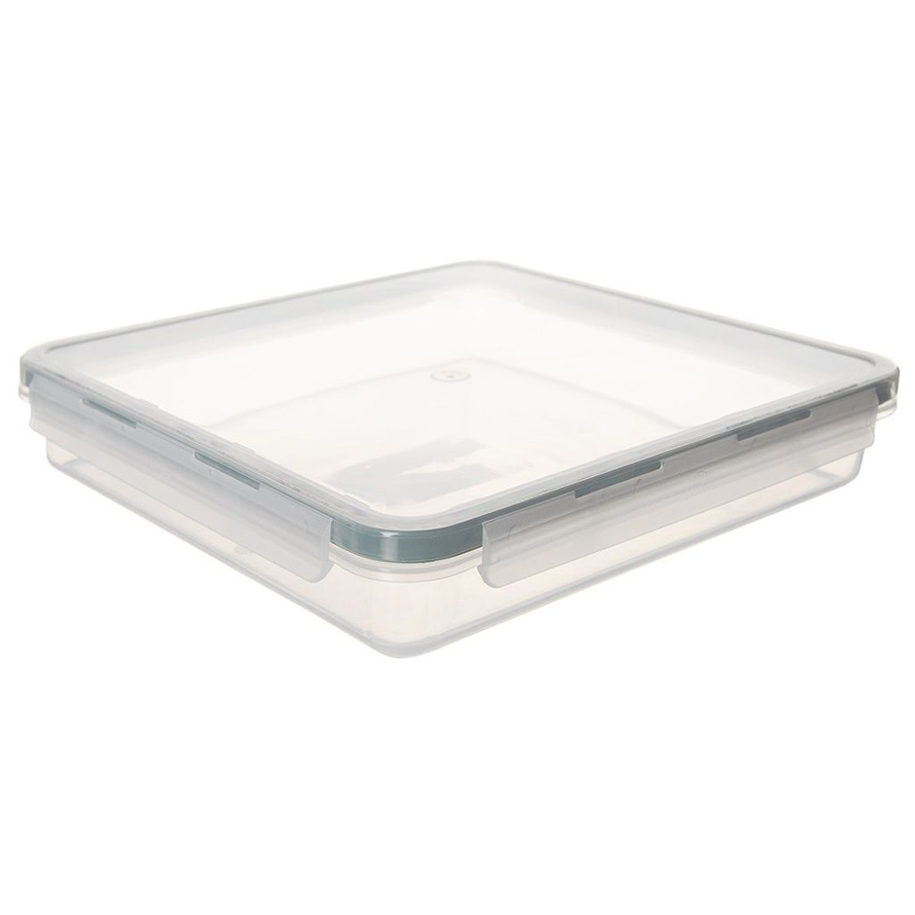 A clear, studio shot of a square plastic food storage container with a transparent lid and gray locking clips, presented on a white background.