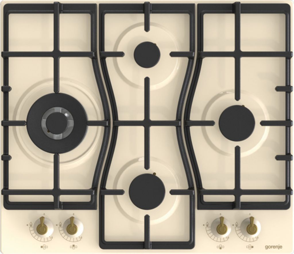 A top-down view of a beige gas stovetop with black grates and burners.