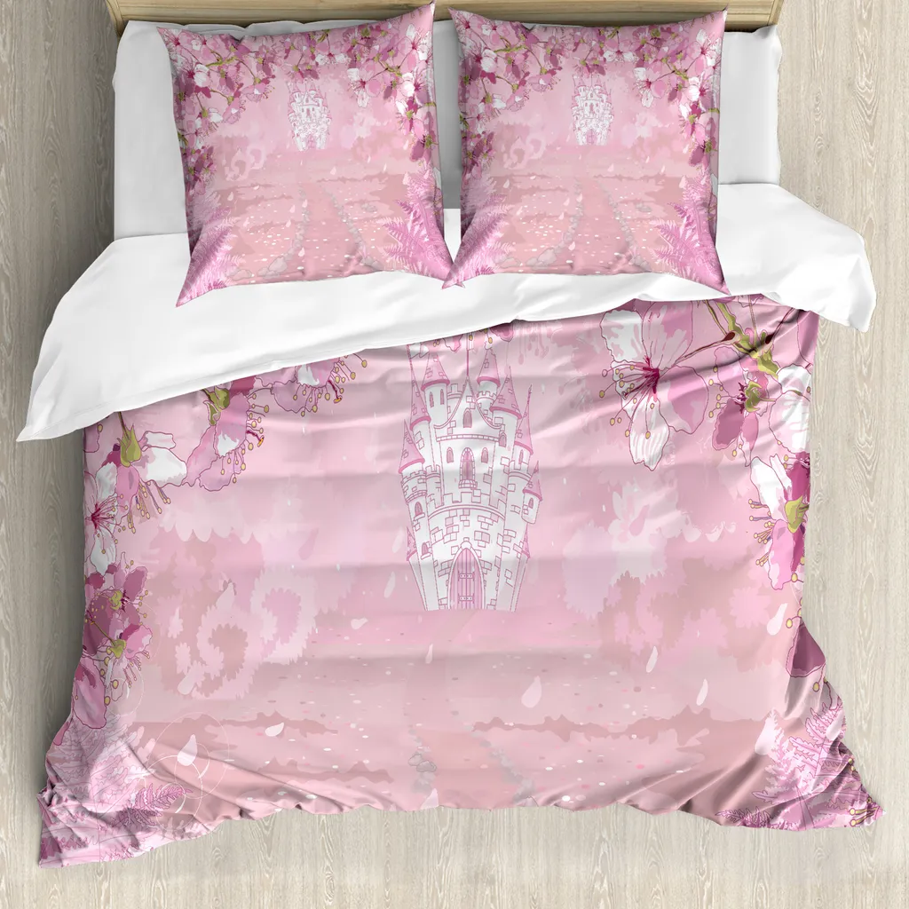 ABAKUHAUS Copripiumino fantasia, Castello medievale surreale, Antiacaro, Adatto a chi soffre di allergie, con federe, 200 cm x 200 cm - 80 x 80 cm, Rosa baby