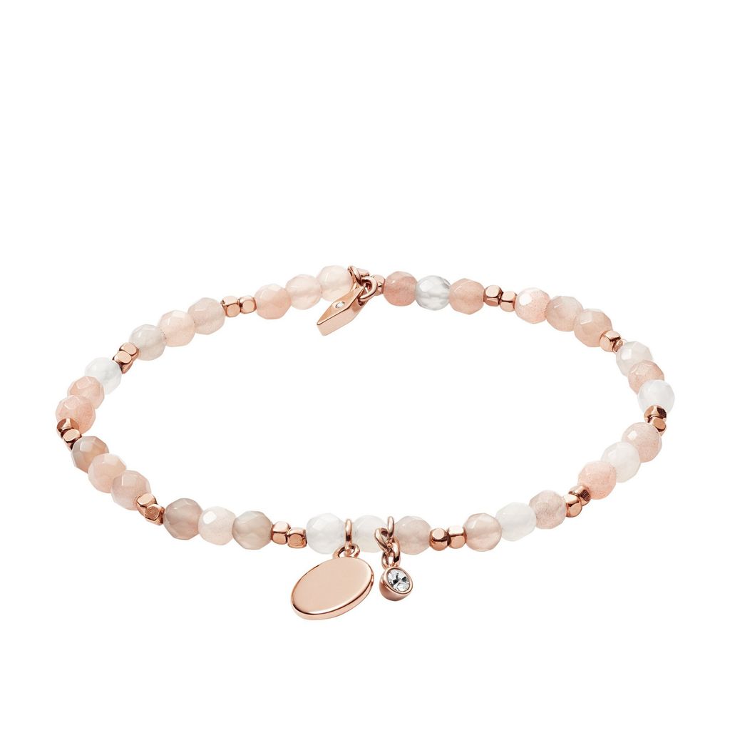 A bracelet made of beads and charms on a white background.