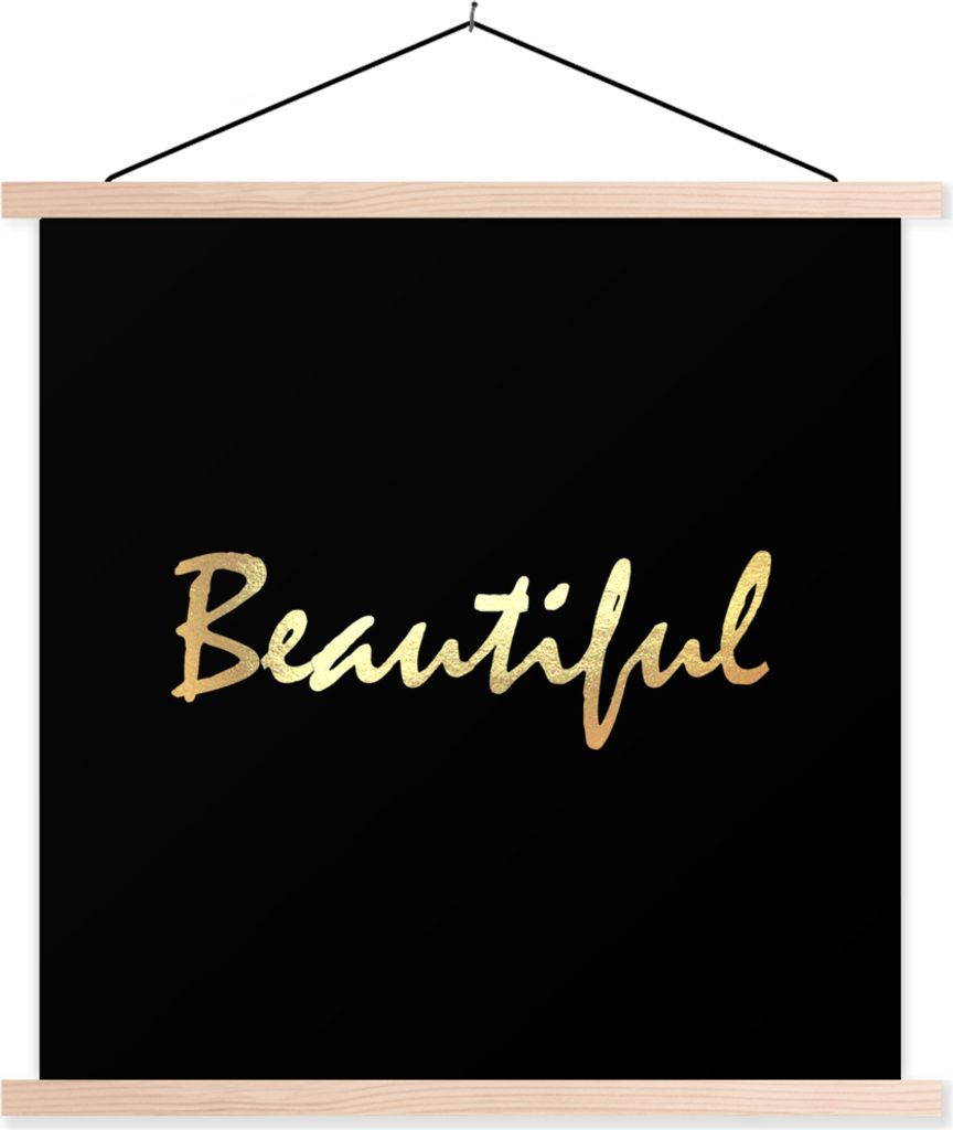 MuchoWow Textilposter Zitat - Schönheit - Schwarz - Gold 120x120 cm mit holzfarbenen Rahmen - Textil-Poster