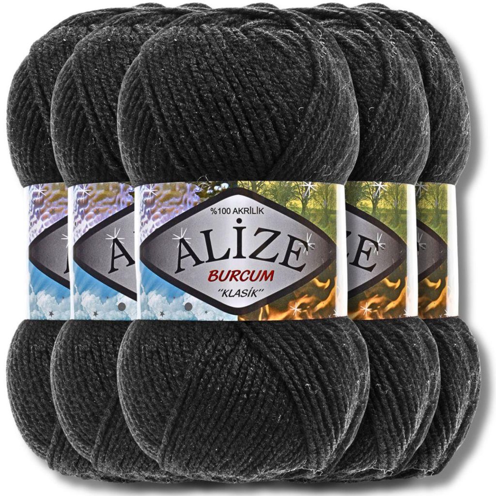 Alize 5x 100g Burcum Klasik Wolle, Uni, Häkeln, Stricken (Black | 60)