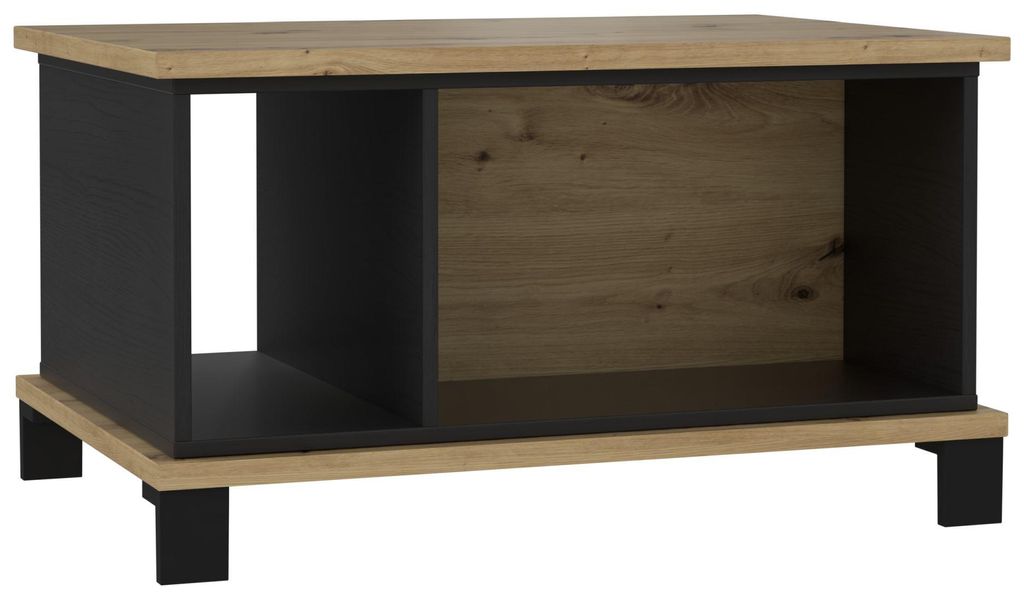 Couchtisch TRONDHEIM in Gesamtansicht mit Holzplatte in Artisan-Eiche-Optik, schwarzem Unterschrank und offenen Fächern.