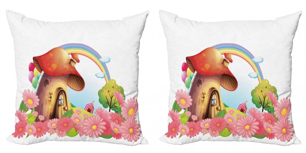 ABAKUHAUS Pilz Kissenbezug Set (2Stück), Kleines Shroom Haus im Garten der Blumen Regenbogen Obstbaum Zirkus Zelt Ballone, 60x60cm, Mehrfarbig
