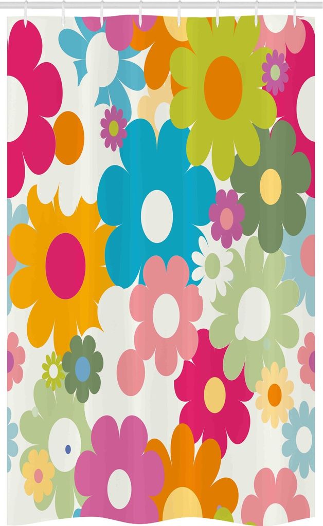 ABAKUHAUS Blumen Schmaler Duschvorhang, Sixties Inspiration, Badezimmer Deko Set aus Stoff mit Haken, 120 x 180 cm, Mehrfarbig