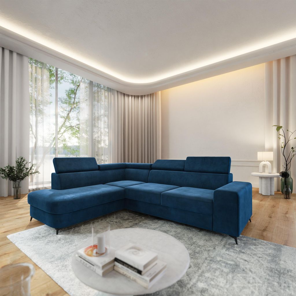 Masseno Ecksofa ALVORO L-S mit Schlaffunktion L-Form, Sofa mit Bettkasten, Wohnzimmersofa, Couch, Soffa, Bettsofa, Couchgarnitur- Blau, MONOLITH 77