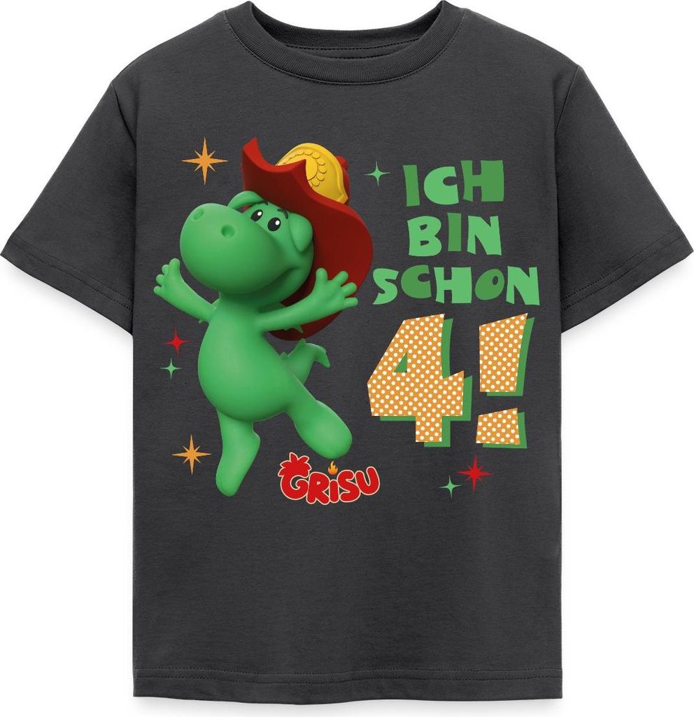 Spreadshirt Grisu Der Kleine Drache Geburtstagsdesign 4 Jahre Kinder T-Shirt, 110/116 (5-6 Jahre), Dunkelgrau