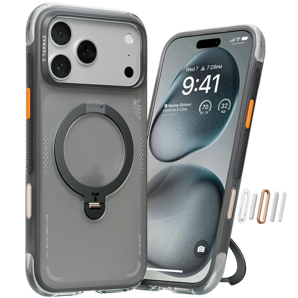 Coque iPhone 17 Pro TORRAS Ostand Spin Air Series Shadow Black Magnétique