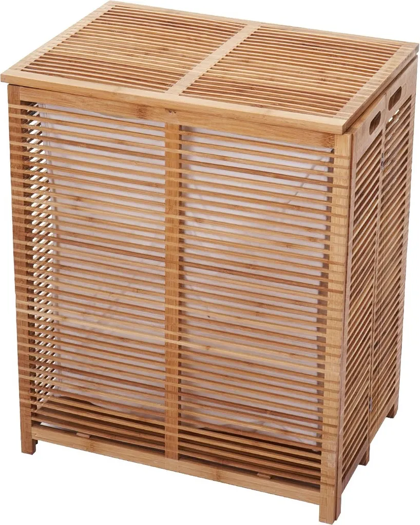 Coffre à linge HWC-B18, panier en bambou naturel 61x50x35cm avec couvercle