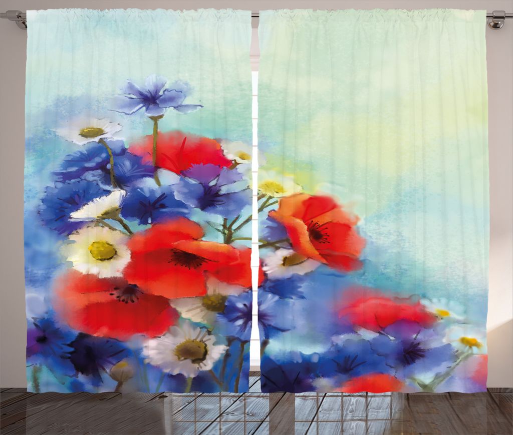 ABAKUHAUS Blumen Rustikaler Gardine, Mohn Kamille Bouquet, Schlafzimmer Kräuselband Vorhang mit Schlaufen und Haken, 280 x 225 cm, Blau Rot